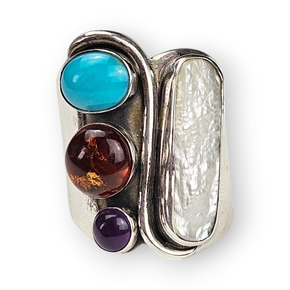 Desert Rose Trading Sterling Wide Ring Turquoise Amethyst Jay King 925 Silver 7